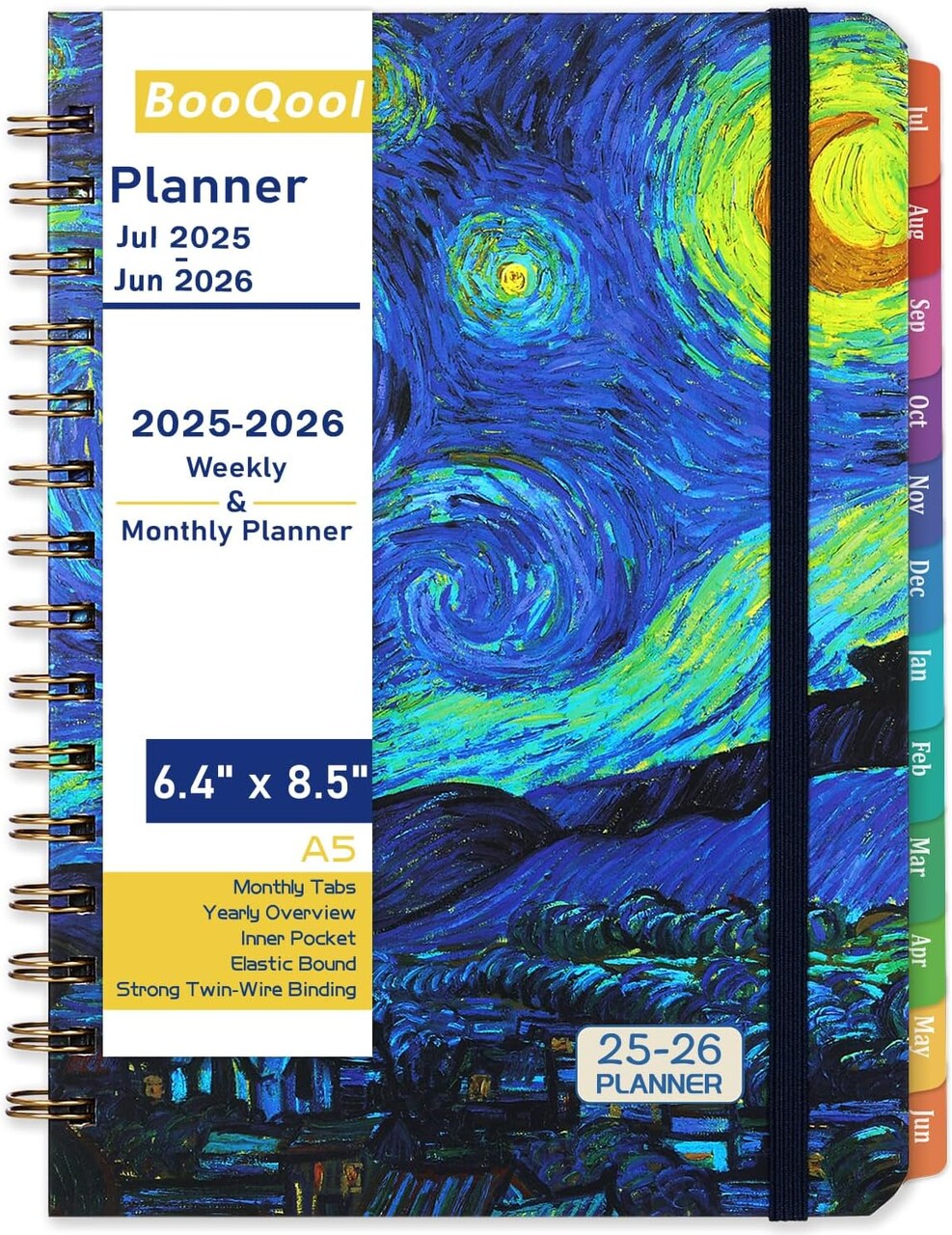 2025-2026 Planner – Jul.2025 - Jun.2026, Weekly & Monthly Academic Planner 2025-2026, with Tabs, 6.4" x 8.5", Hardcover, Strong Binding, Thick Paper, Back Pocket, Elastic Closure, Inner Pocket